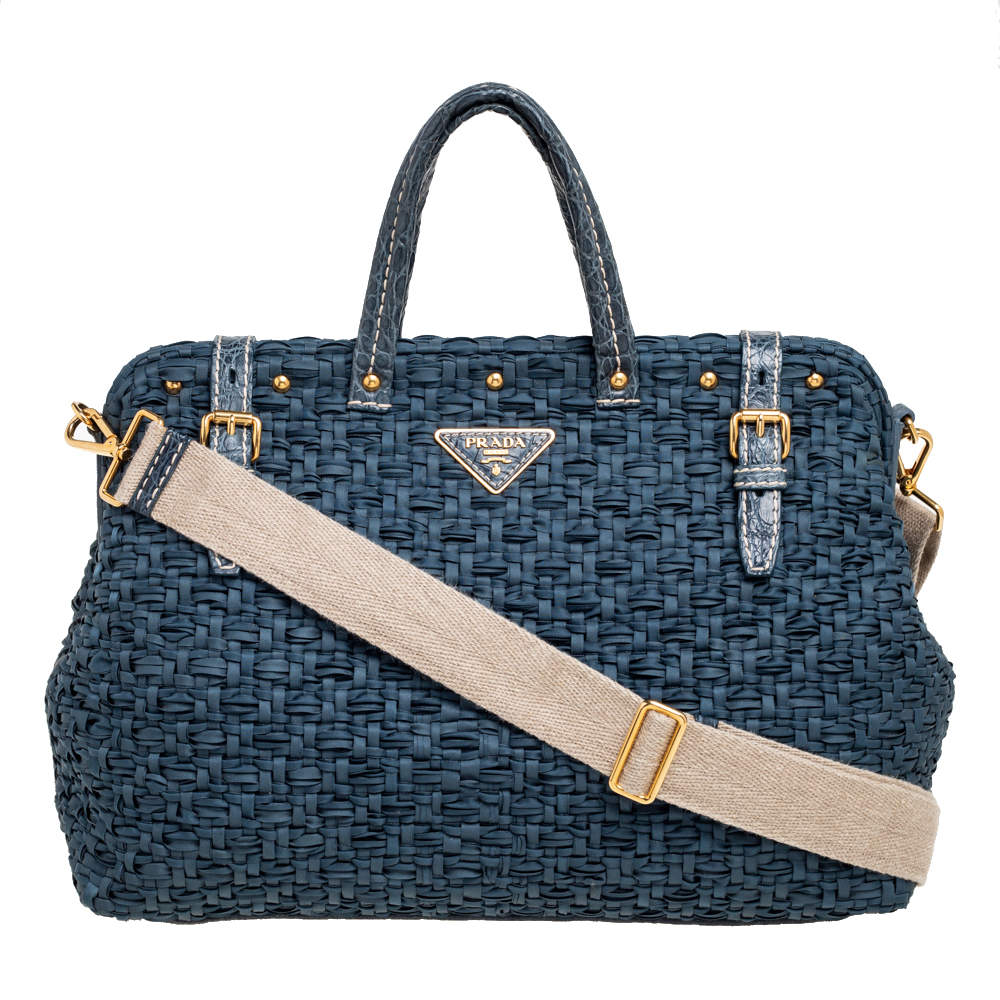 Pre Owned Prada Blue Woven Nylon, Suede and Crocodile Trim Frame Satchel