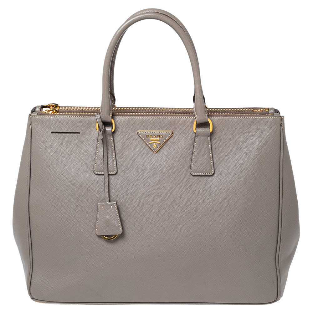Pre Owned Prada Grey Saffiano Lux Leather Large Double Zip Tote