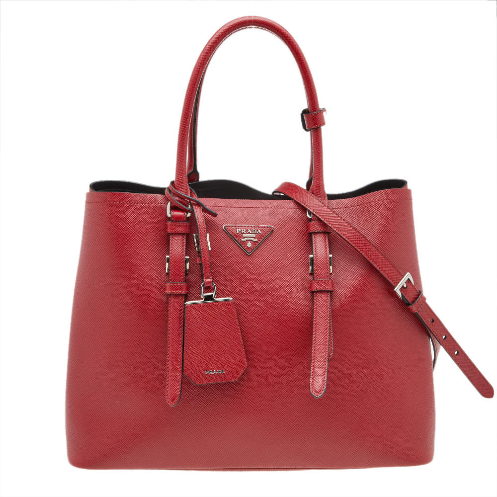 Pre Owned Prada Red Saffiano Cuir Leather Medium Double Handle Tote