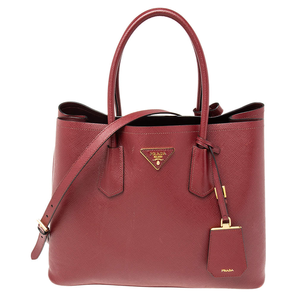 Pre Owned Prada Dark Red Saffiano Cuir Leather Large Double Handle Tote