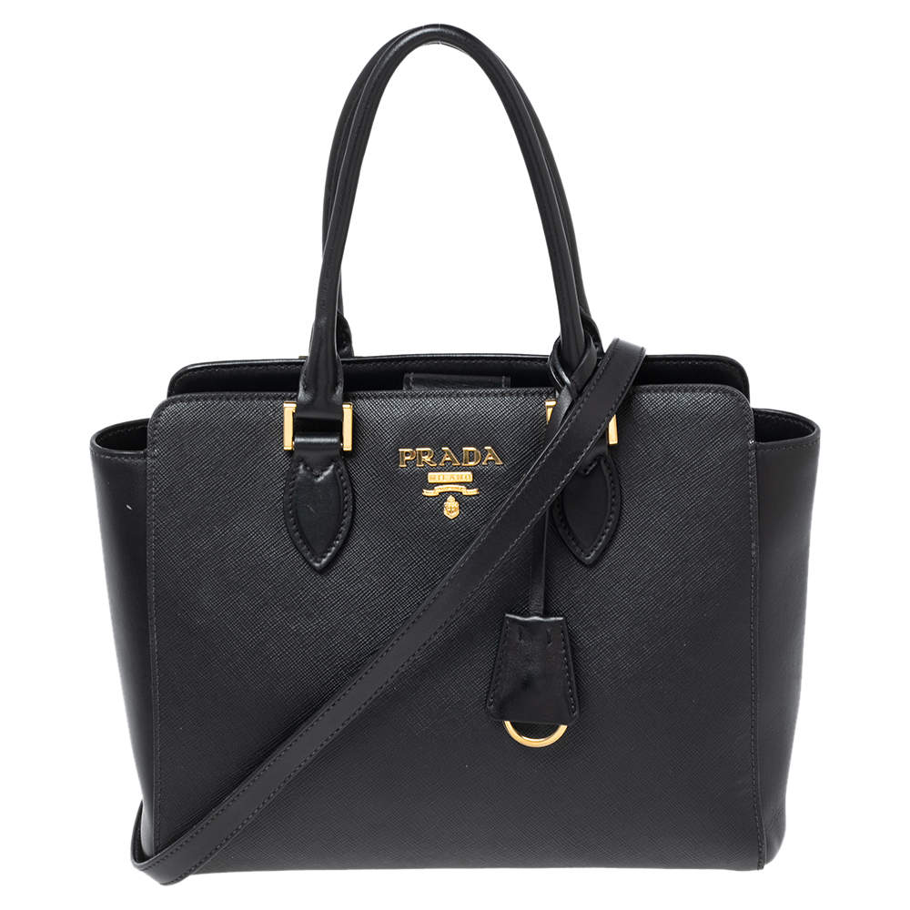 Pre Owned Prada Black Saffiano Lux Leather Snap Tote