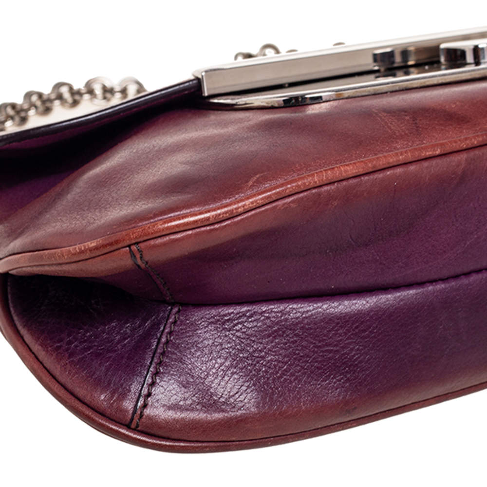 Prada Purple Leather Metal Mirror Flap Chain Baguette Bag