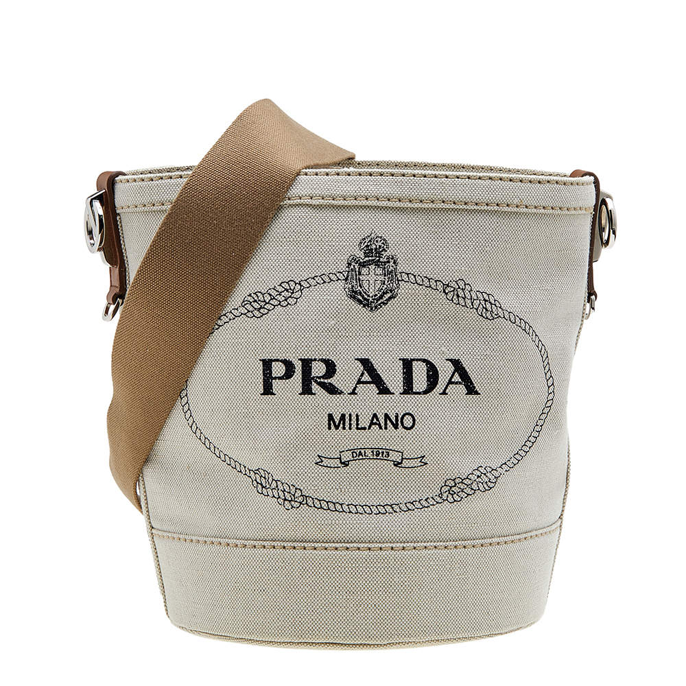 Pre Owned Prada Off White/Brown Canvas and Leather Small Logo Bucket Bag