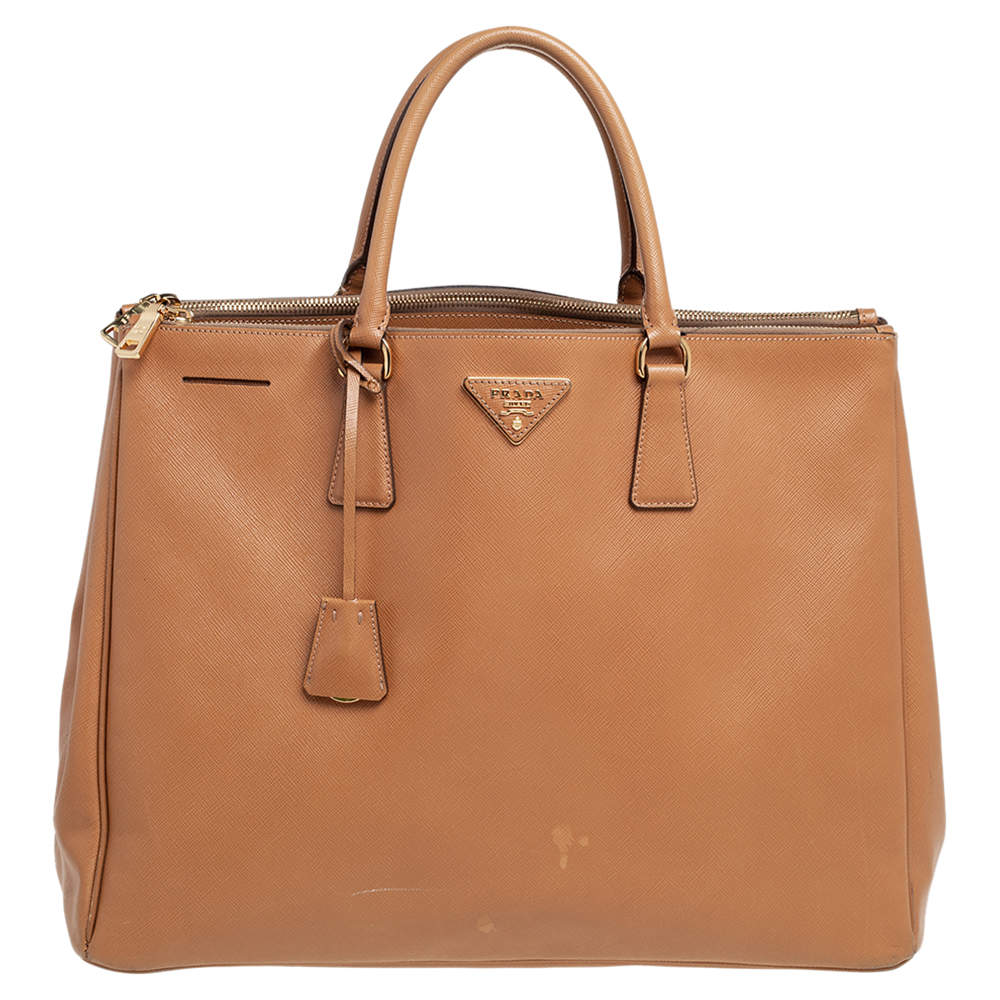 Pre Owned Prada Caramel Brown Saffiano Lux Leather Executive Double Zip Tote