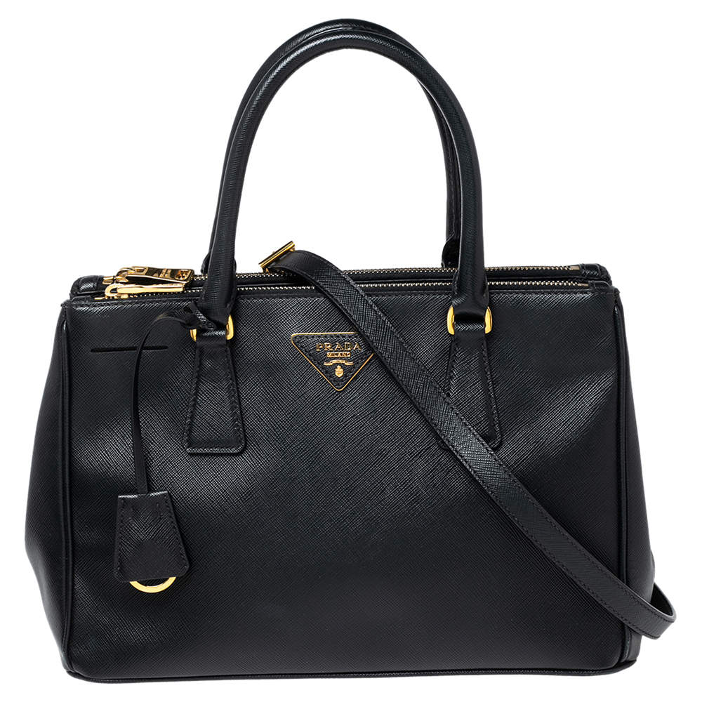 Pre Owned Prada Black Saffiano Lux Leather Small Double Zip Tote