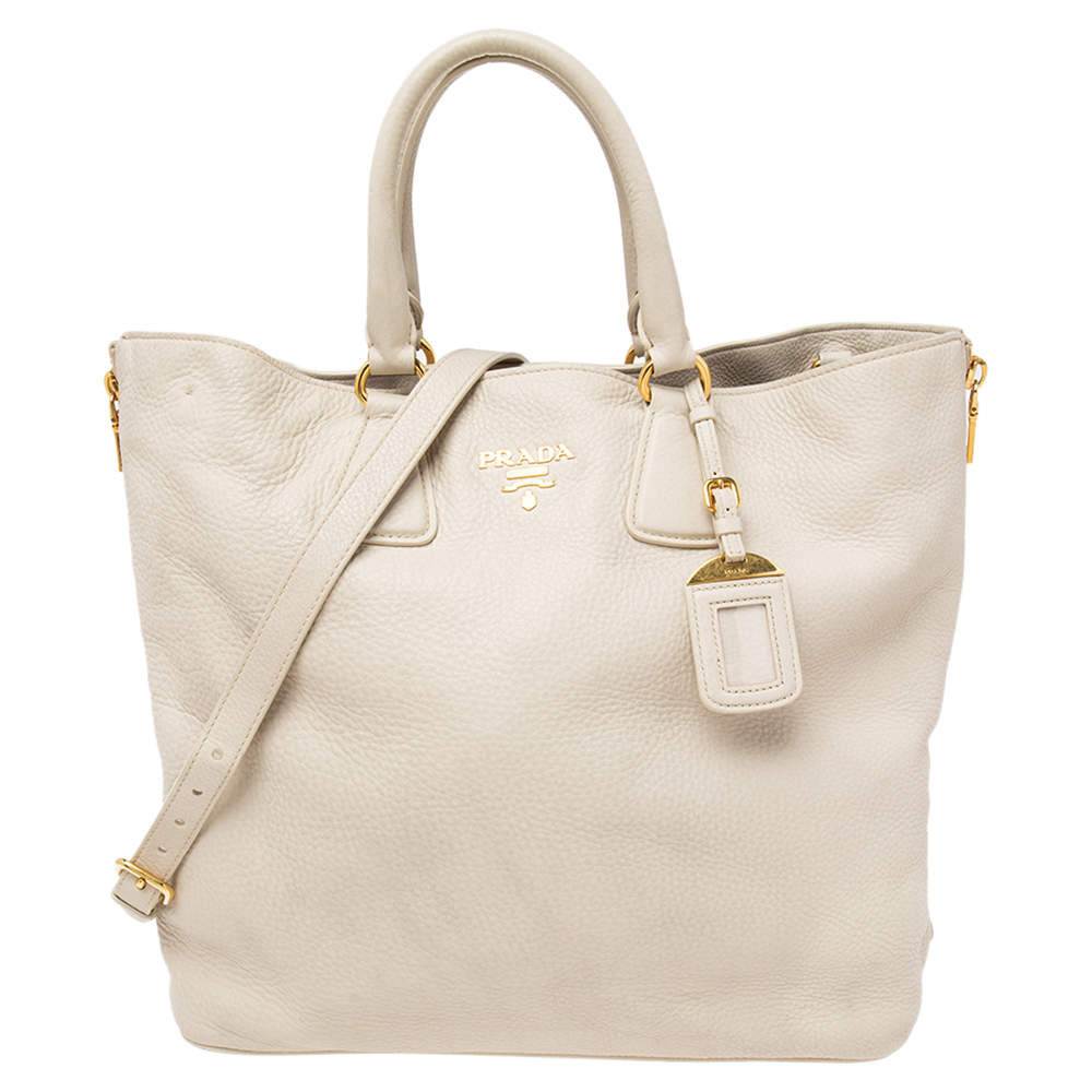 Pre Owned Prada Pearl White Vitello Daino Leather Side Zip Tote