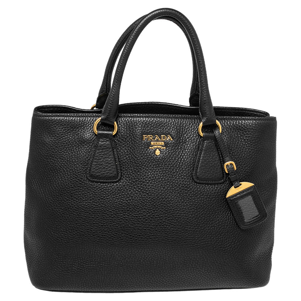 Pre Owned Prada Black Vitello Daino Leather Middle Zip Tote