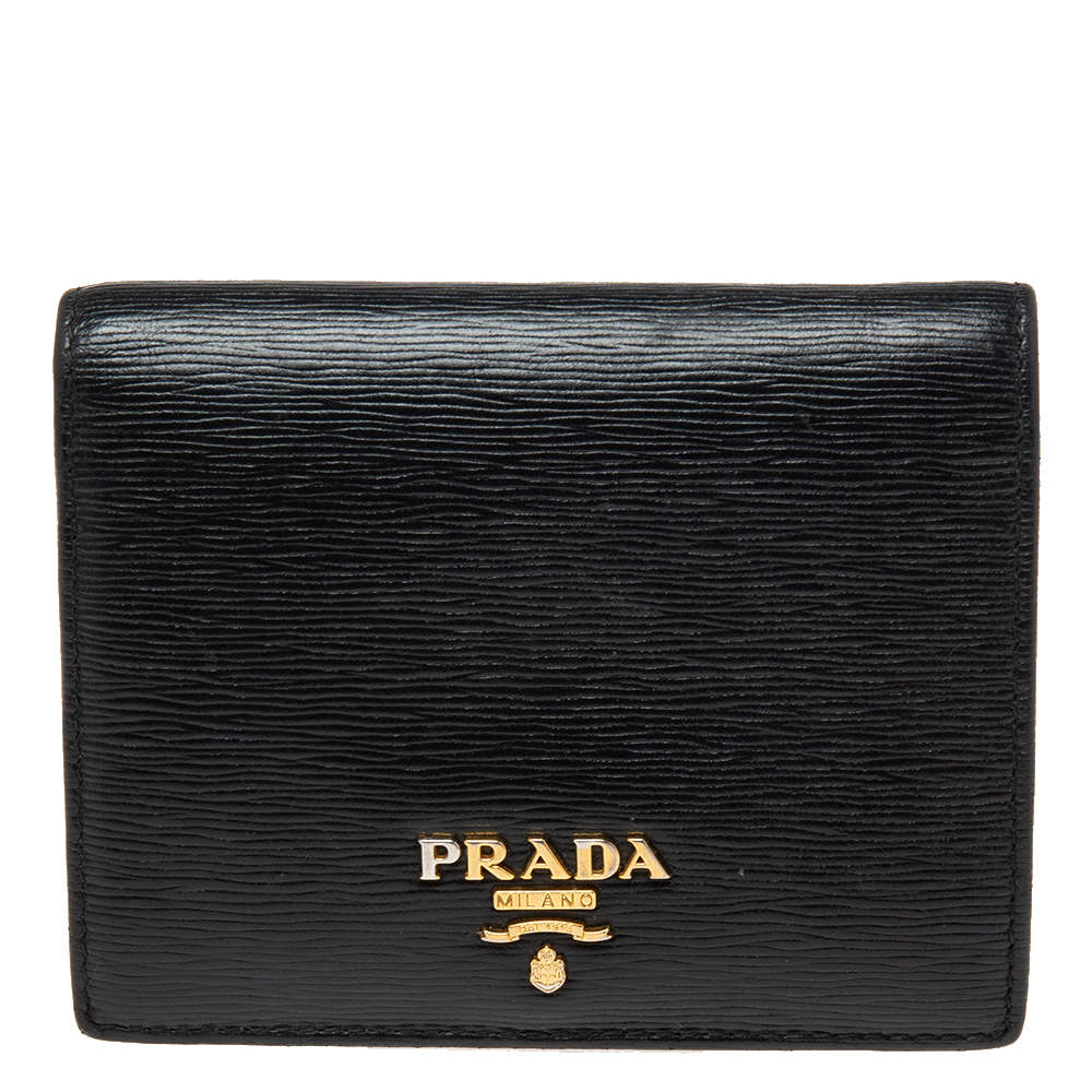 Pre Owned Prada Black Vitello Move Leather Logo Bifold Compact Wallet