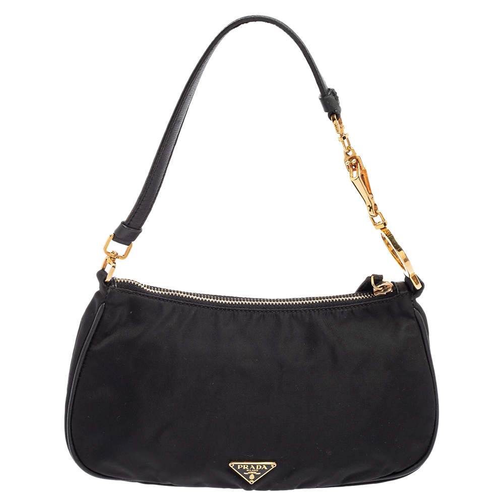 Pre Owned Prada Black Nylon and Leather Logo Plague Pochette Bag