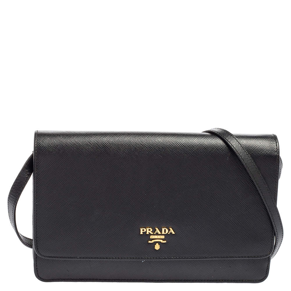 Pre Owned Prada Black Saffiano Lux Leather Flap Clutch Bag