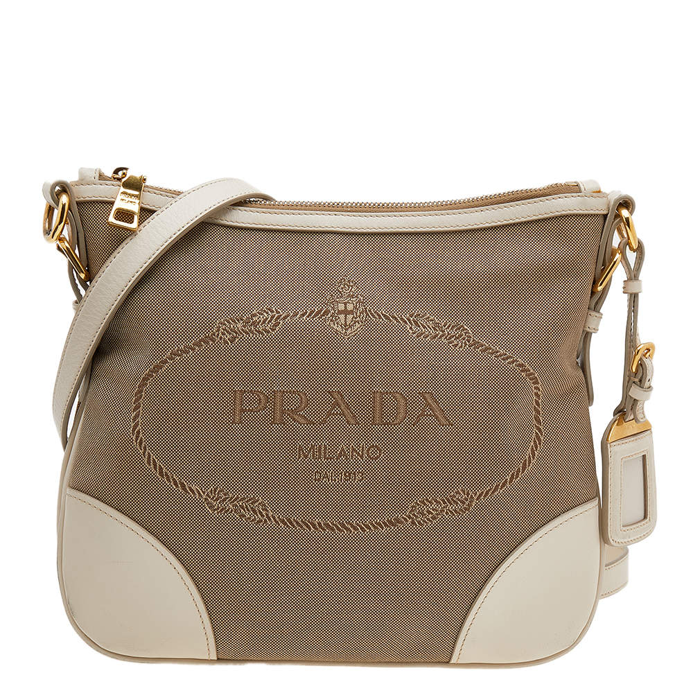 Pre Owned Prada Beige/Brown Canvas And Leather Canapa Logo Crossbody Bag