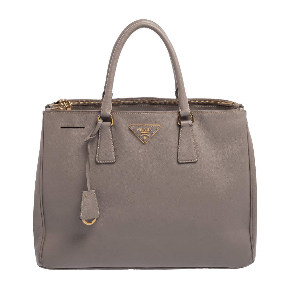 Pre Owned Prada Grey Saffiano Lux Leather Large Double Zip Tote
