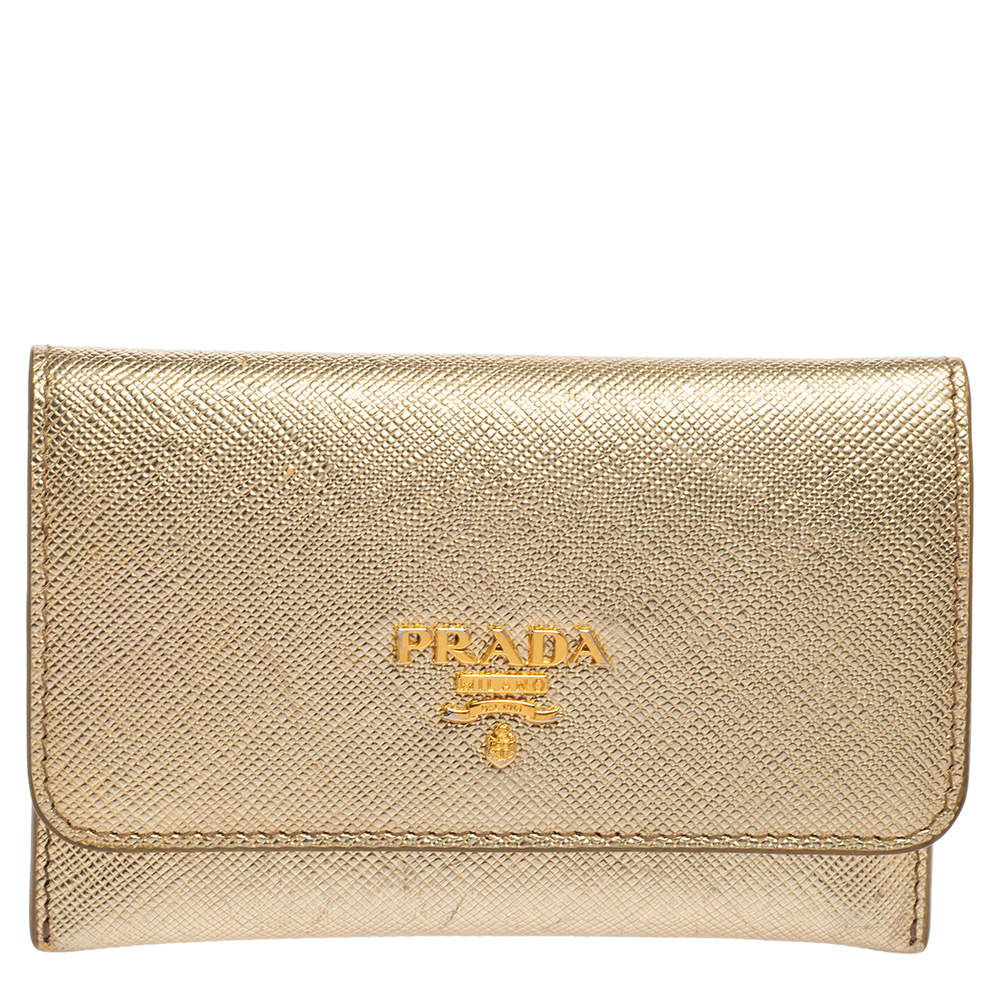 Pre Owned Prada Gold Saffiano Leather Card Case