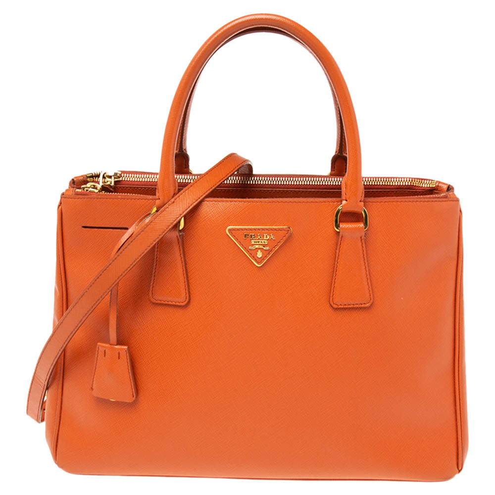 Pre Owned Prada Orange Saffiano Lux Leather Medium Double Zip Tote