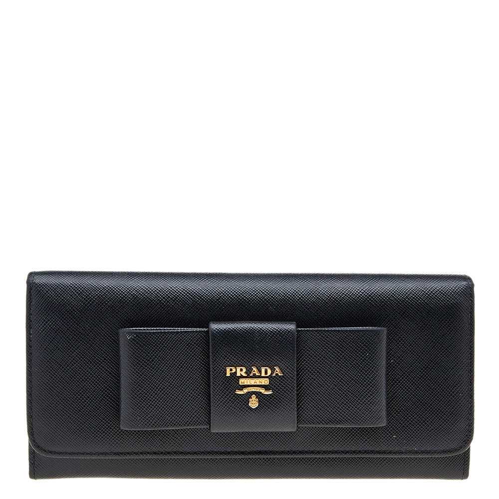 Pre Owned Prada Black Saffiano Fiocco Leather Bow Continental Wallet