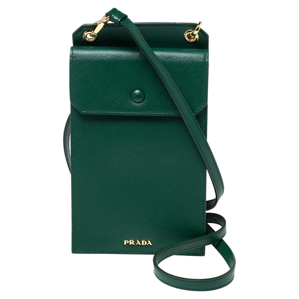 Pre Owned Prada Green Saffiano Lux Leather Phone Holder Crossbody Bag