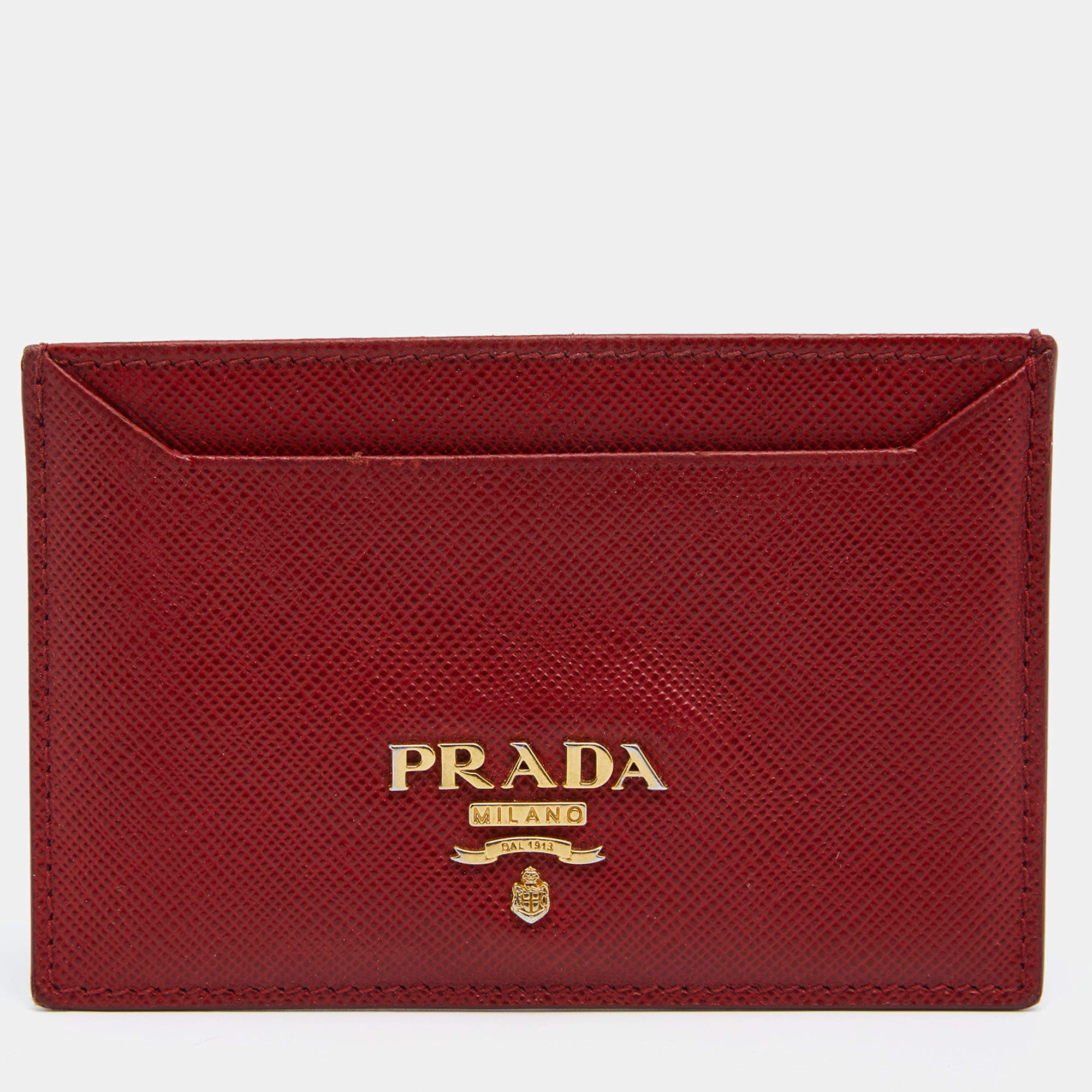 Pre Owned Prada Red Saffiano Lux Leather Logo Card Holder