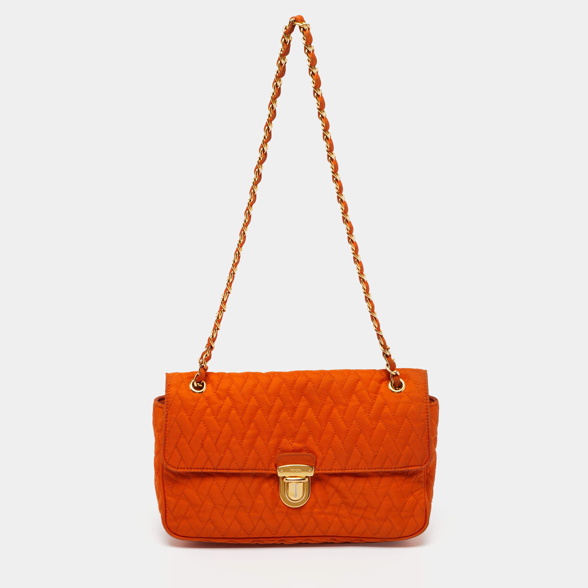 Pre Owned Prada Orange Quilted Nylon Pushlock Flap Chain Shoulder Bag