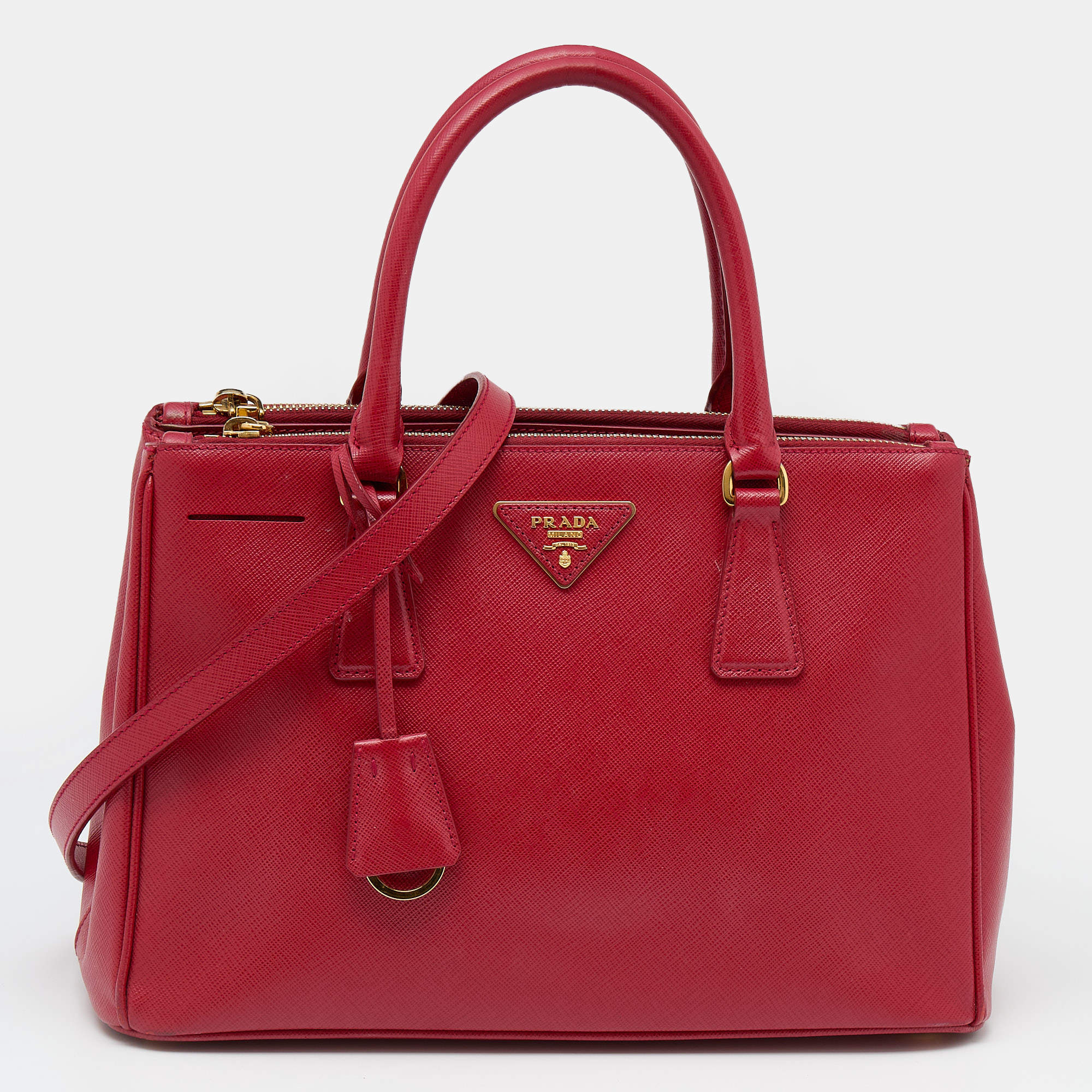Pre Owned Prada Red Saffiano Lux Leather Small Galleria Double Zip Tote