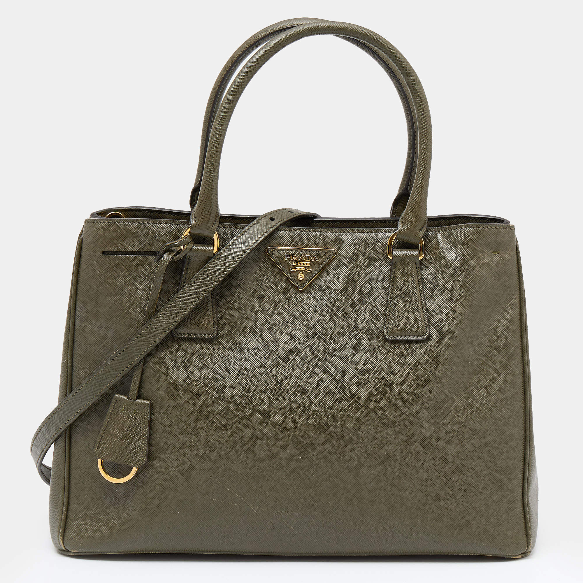 Pre Owned Prada Olive Green Saffiano Leather Medium Double Zip Galleria Tote