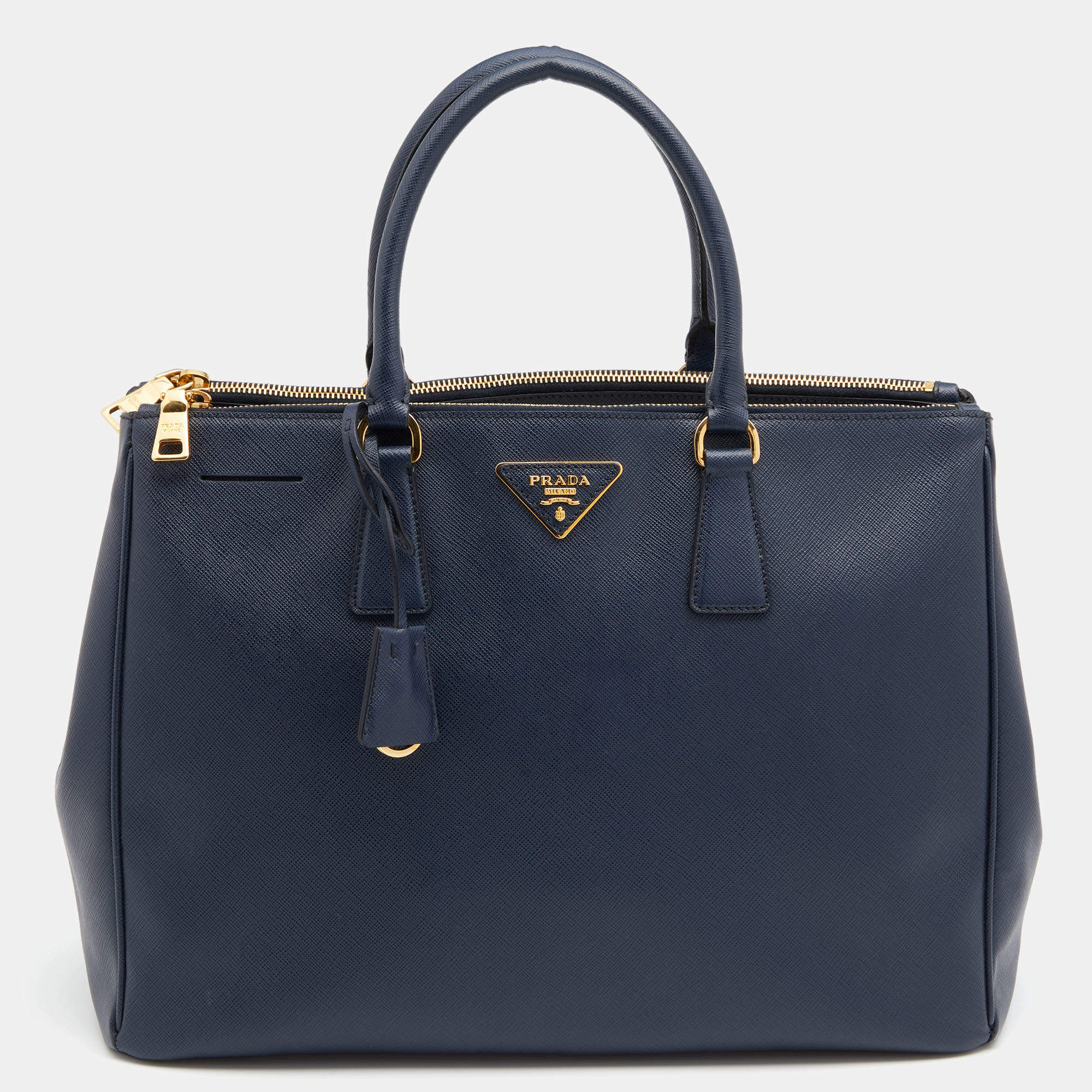Pre Owned Prada Navy Blue Saffiano Leather Large Double Zip Tote