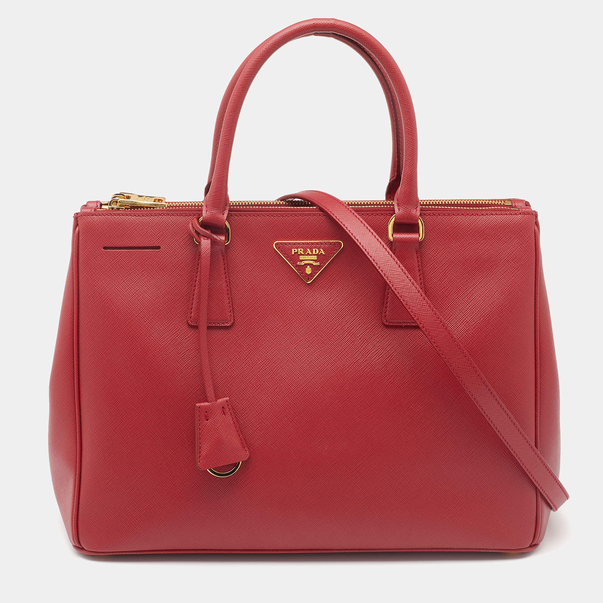 Pre Owned Prada Red Saffiano Lux Leather Medium Double Zip Tote