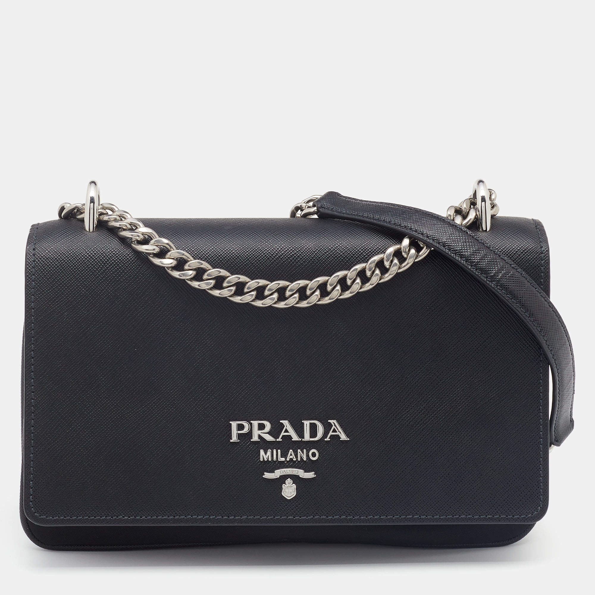 Pre Owned Prada Black Saffiano Leather And Nylon Flap Shoulder Bag