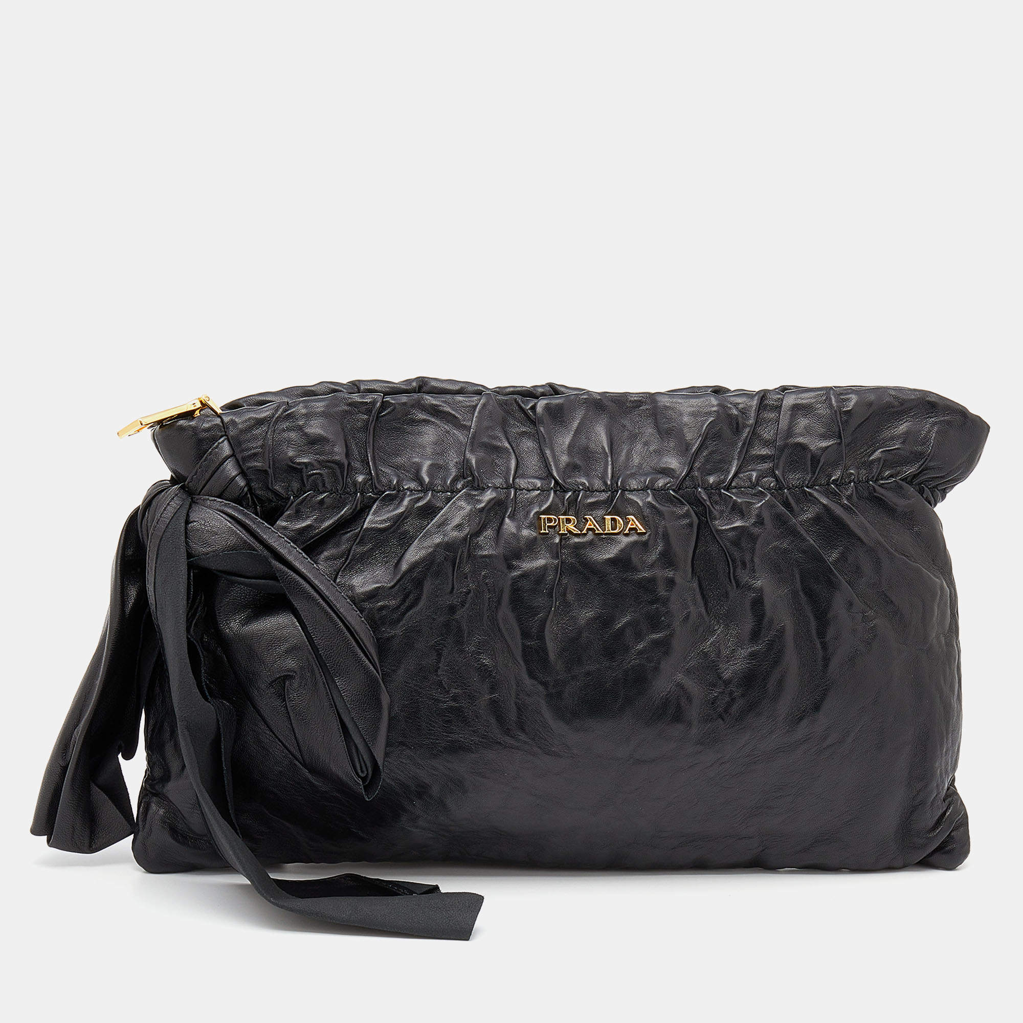 Pre Owned Prada Black Leather Antique Large Bow Zip Clutch