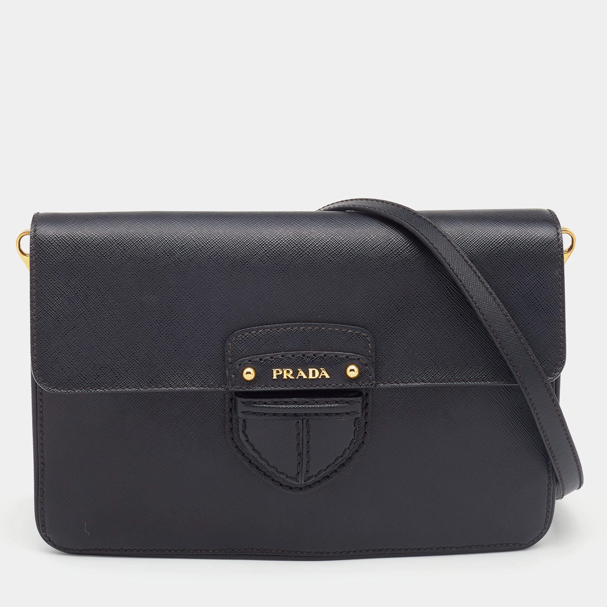 Pre Owned Prada Black Saffiano Leather Cinghiale Flap Crossbody Bag