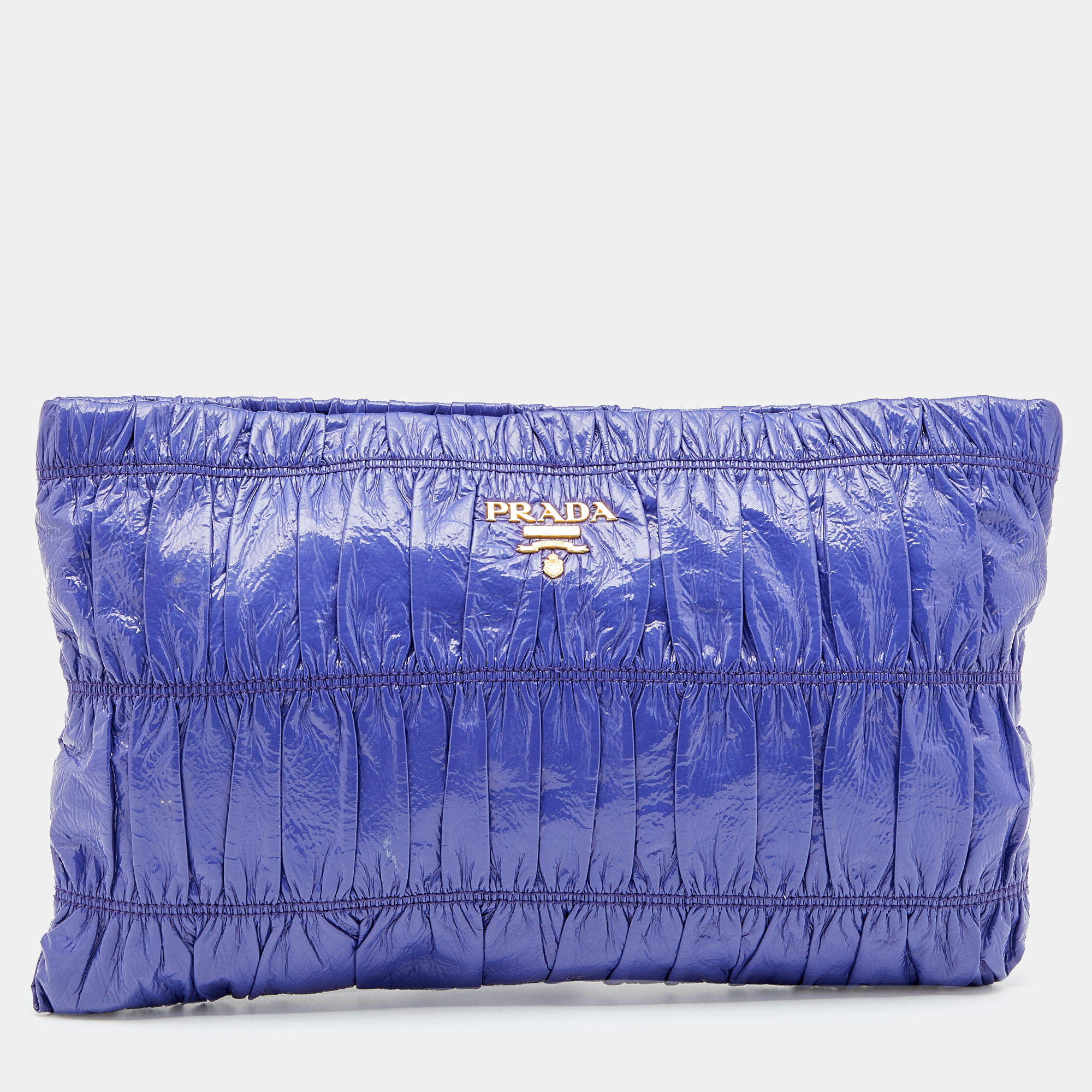 Pre Owned Prada Purple Gaufre Patent Leather Top Zip Clutch