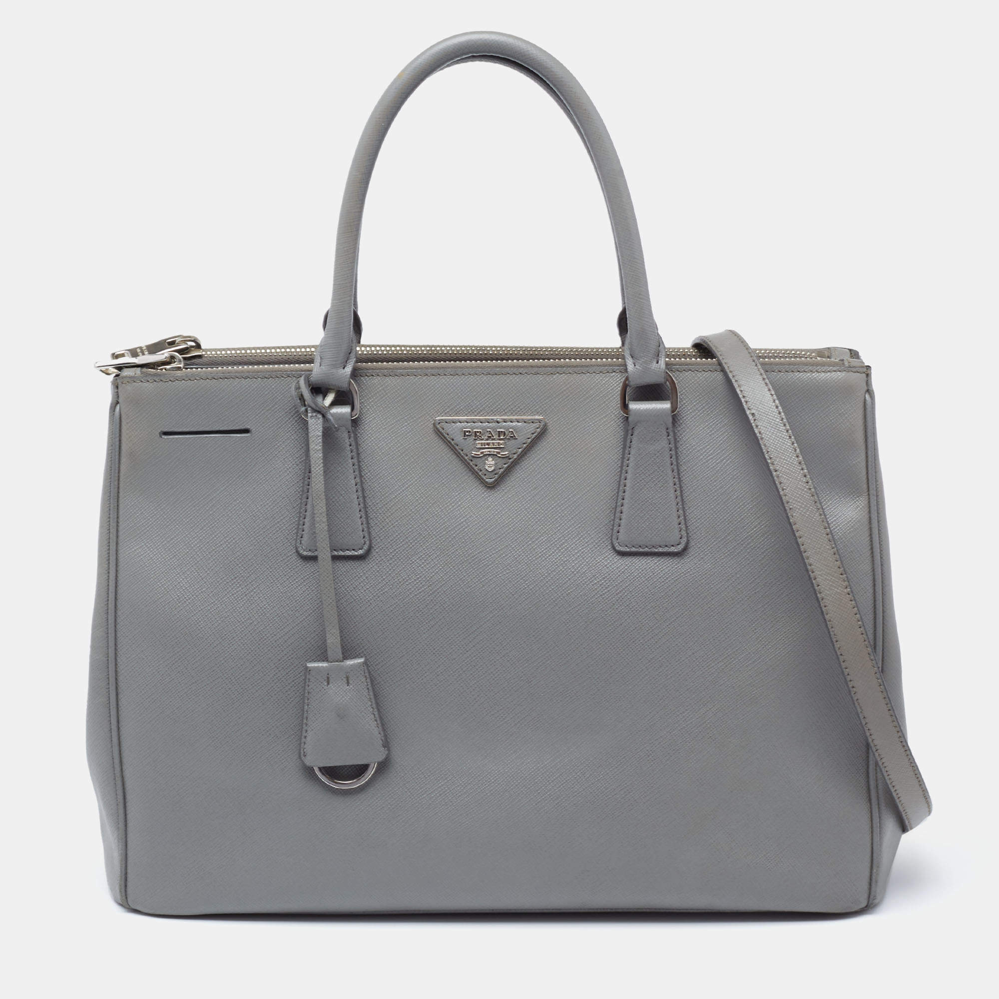 Pre Owned Prada Grey Saffiano Leather Large Galleria Double Zip Tote Bag