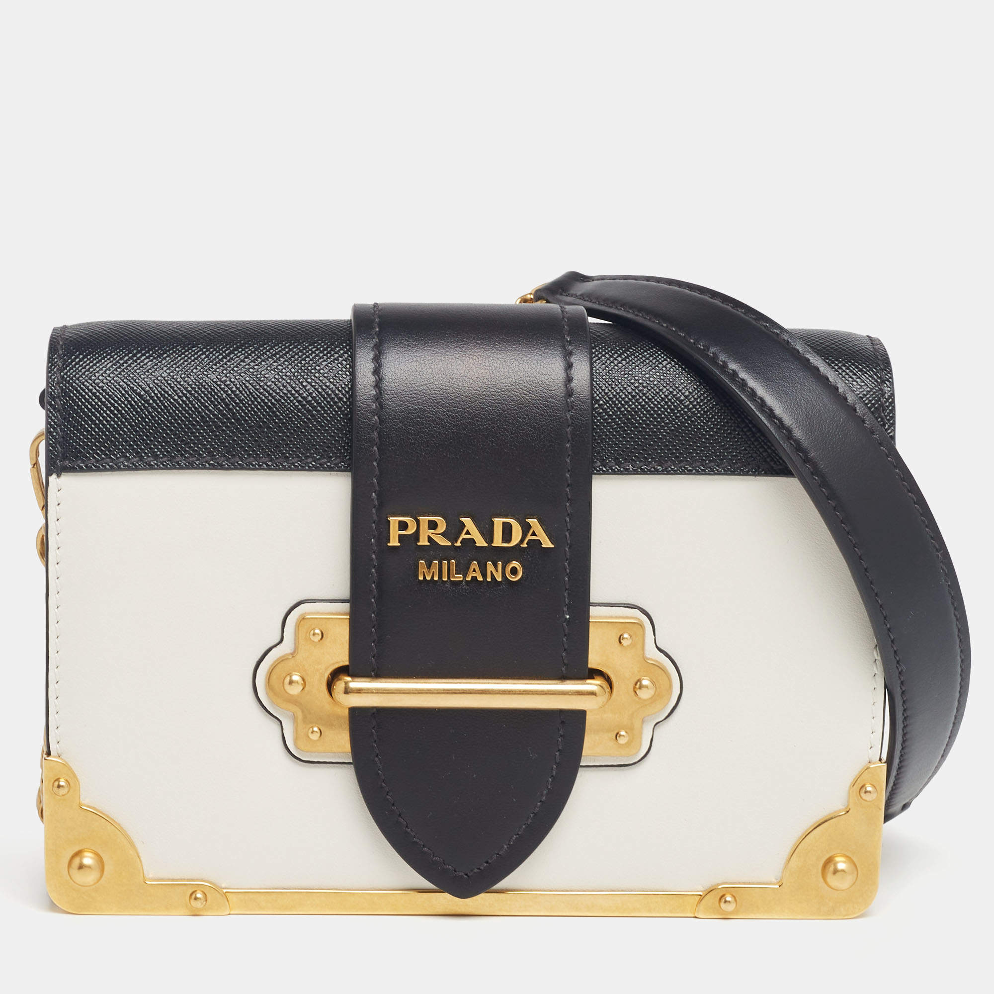 Pre Owned Prada White/Black Leather Cahier Shoulder Bag
