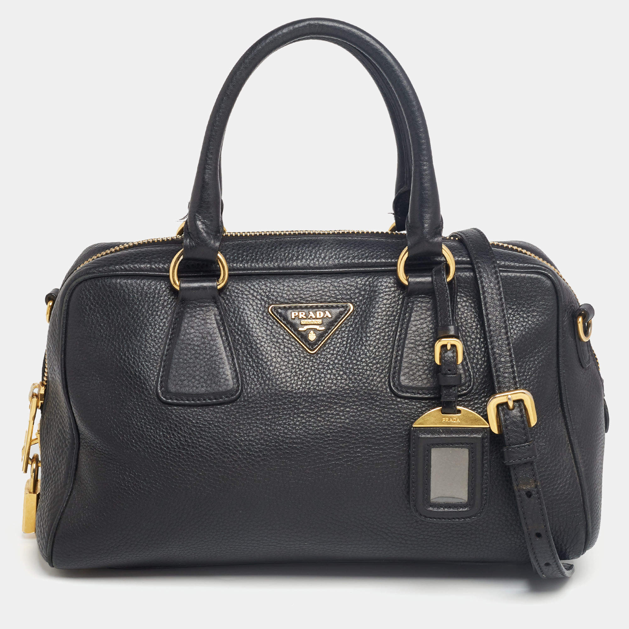 Pre Owned Prada Black Vitello Daino Leather Logo Satchel