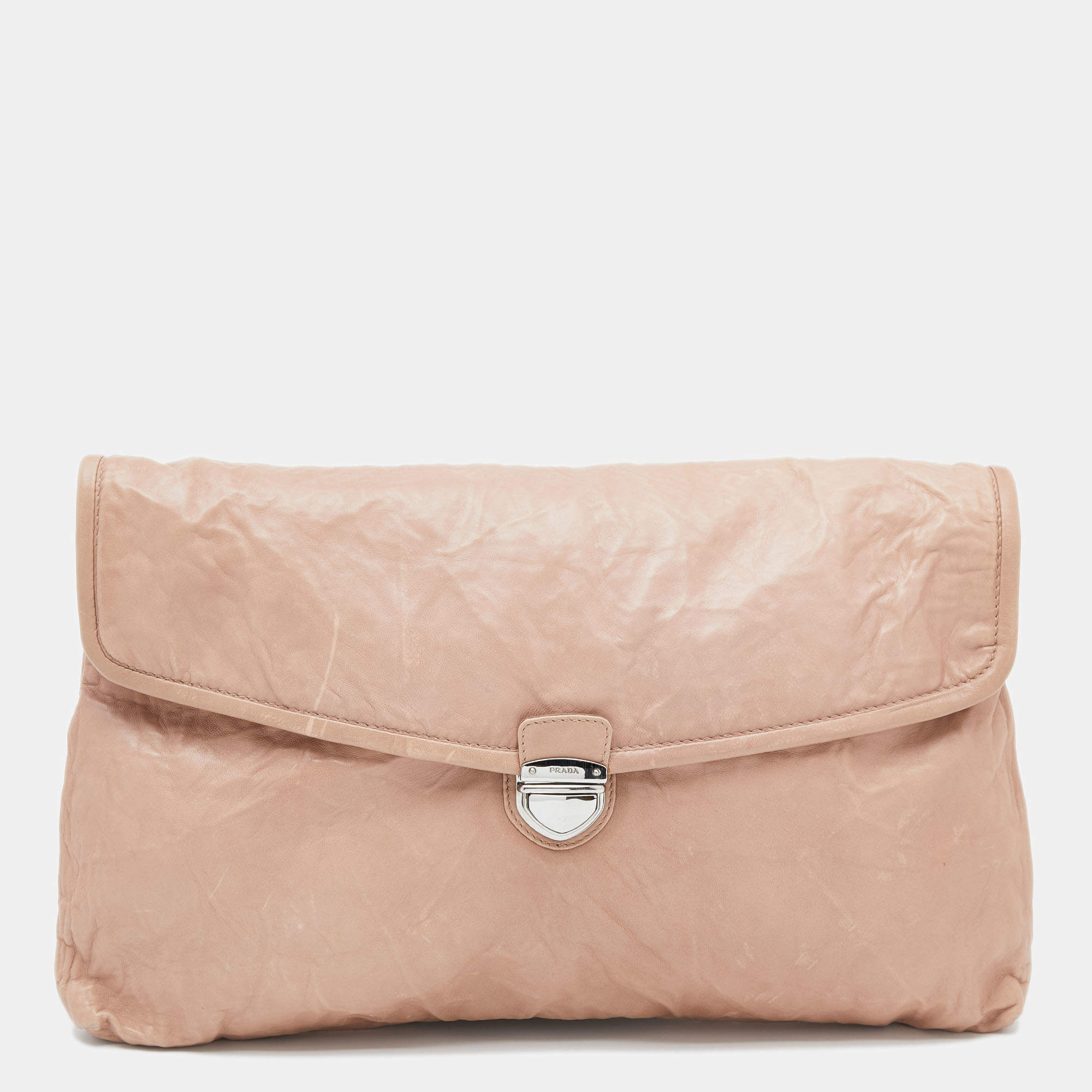 Pre Owned Prada Beige Nappa Leather Antique Flap Clutch