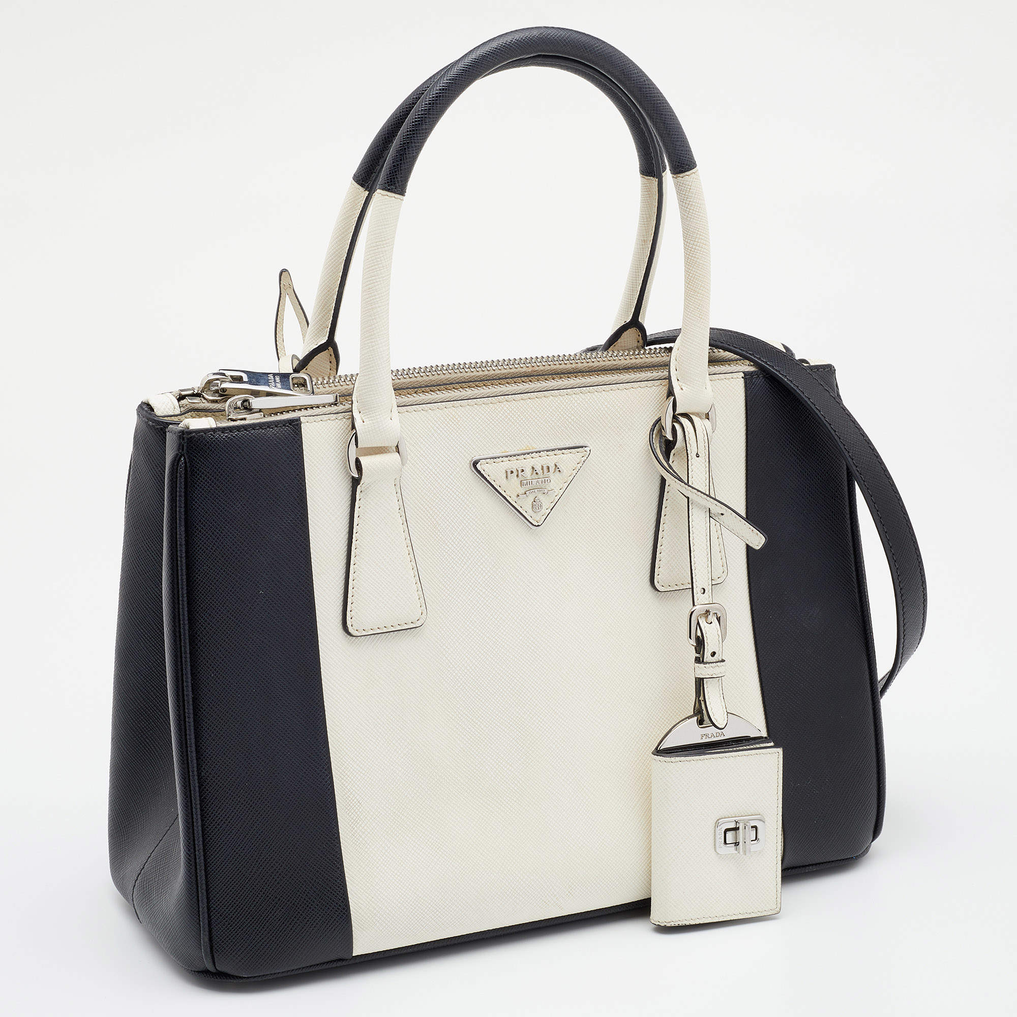Prada Black/White Saffiano Lux Leather Small Galleria Tote Prada