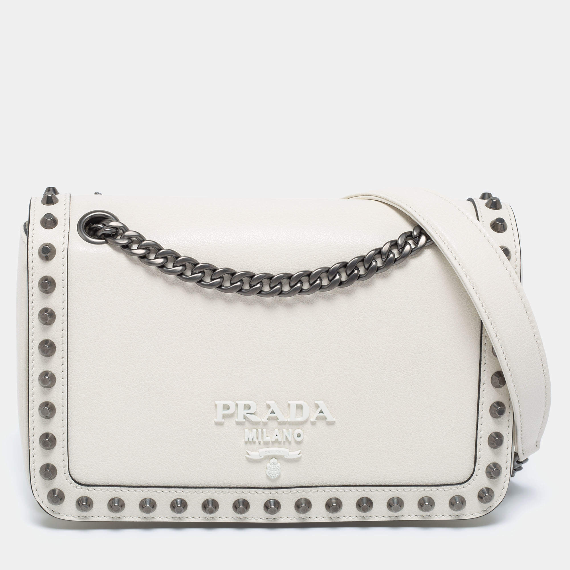 Prada Off White Leather Studded Flap Shoulder Bag