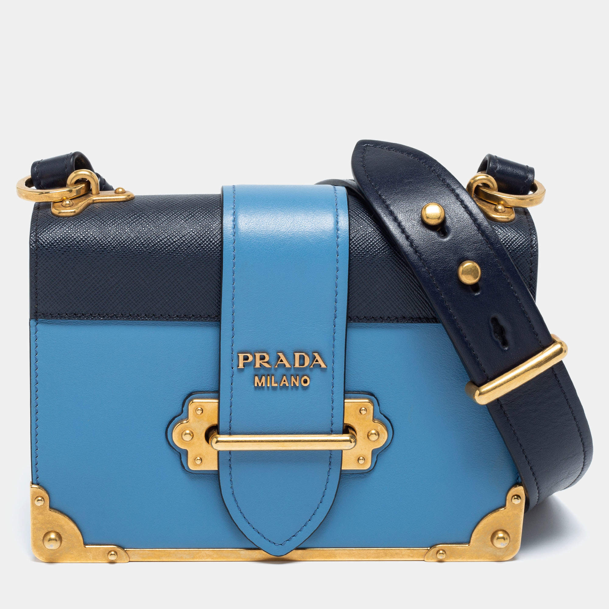 Prada Two Tone Blue Saffiano Leather Cahier Shoulder Bag