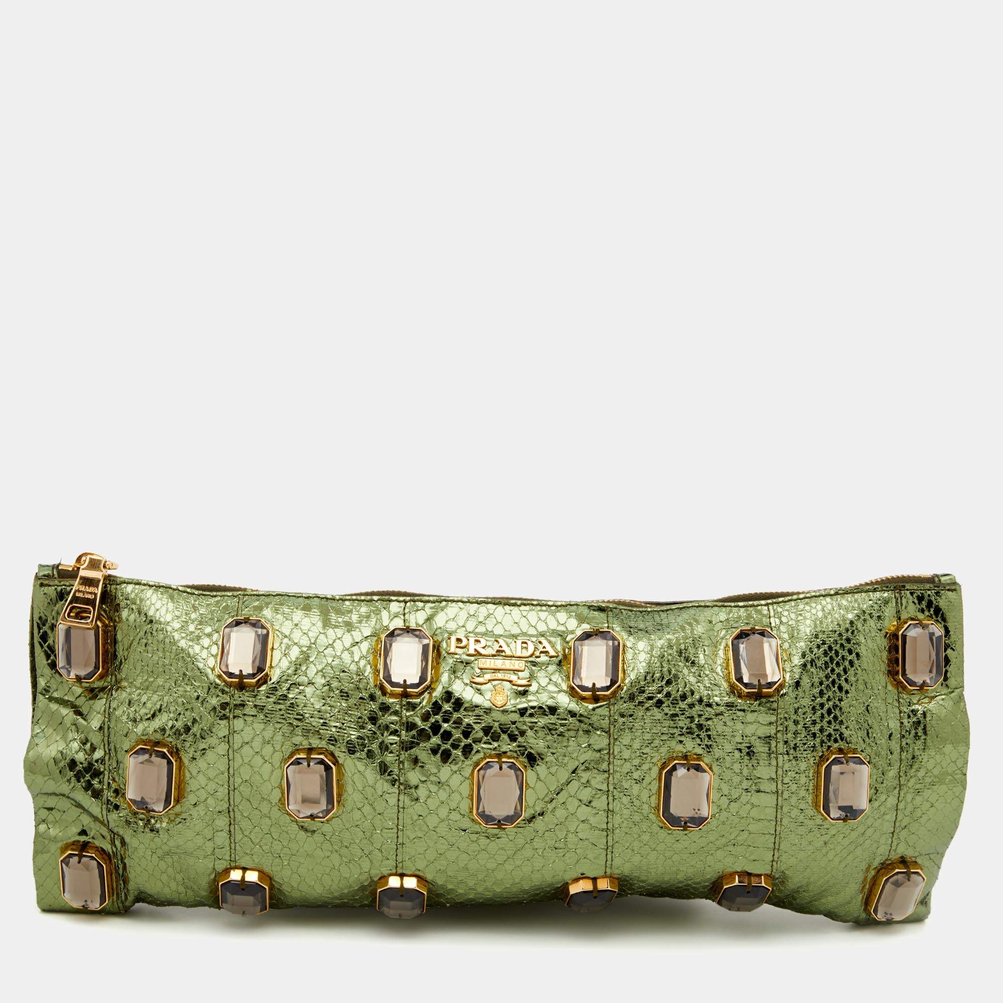 Pre Owned Prada Metallic Green Python Jewel Embellished Clutch