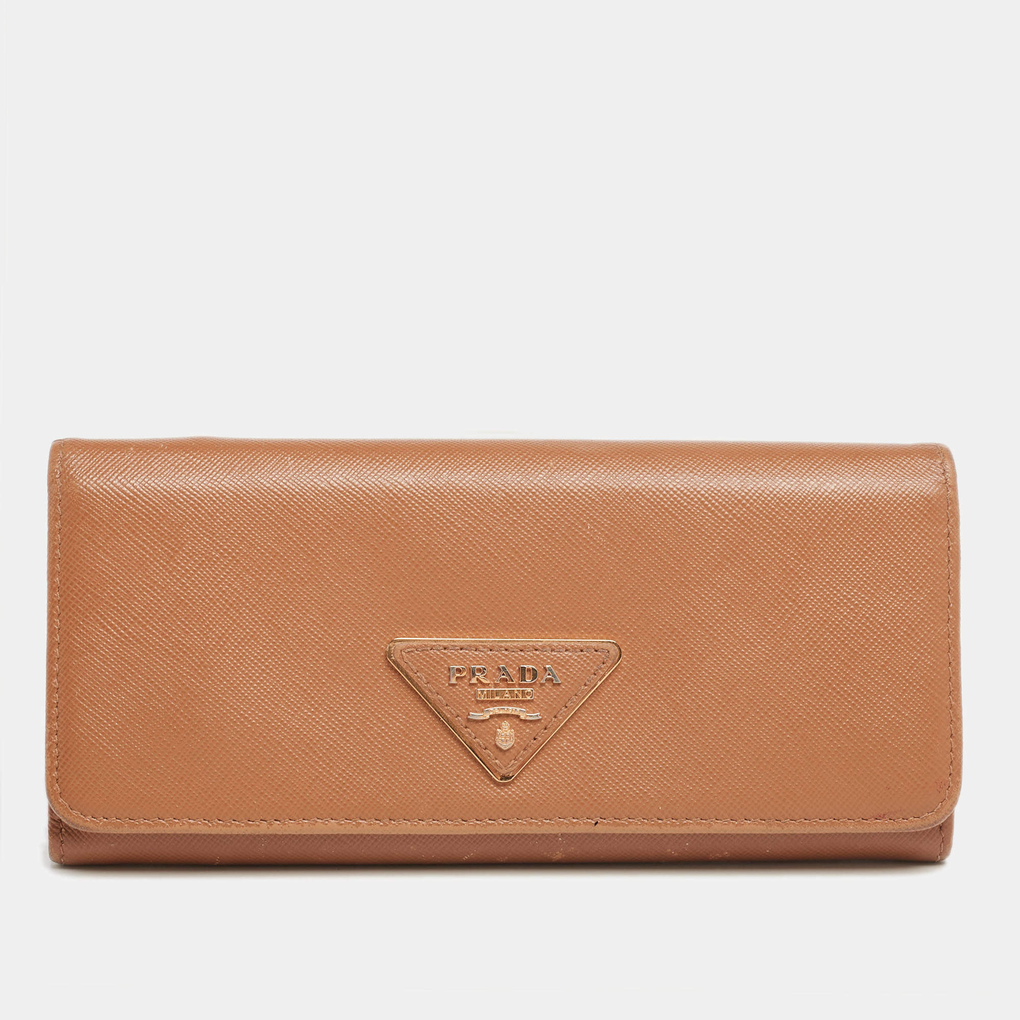Pre Owned Prada Caramel Saffiano Leather Flap Continental Wallet