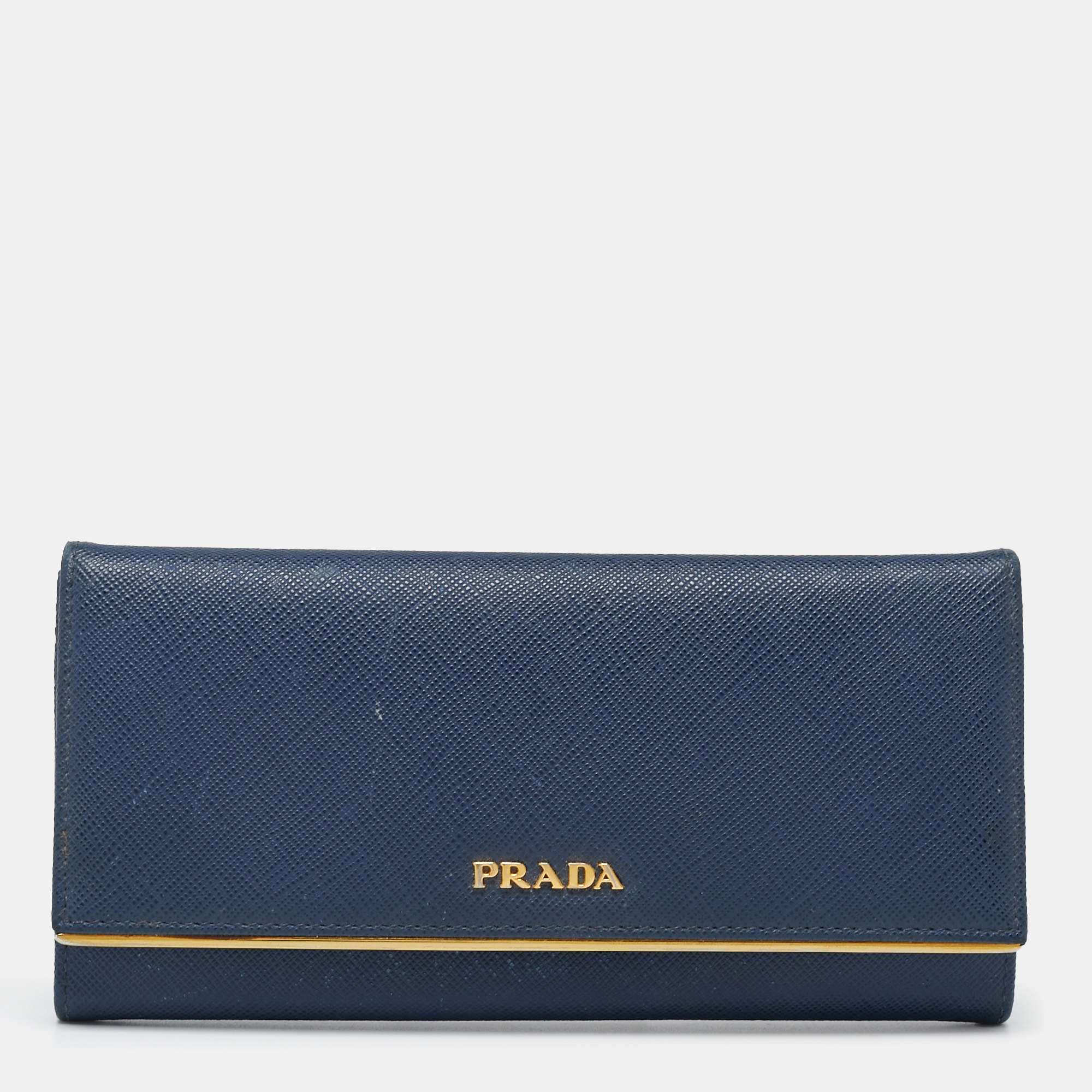 Pre Owned Prada Blue Saffiano Metal Frame Leather Flap Continental Wallet