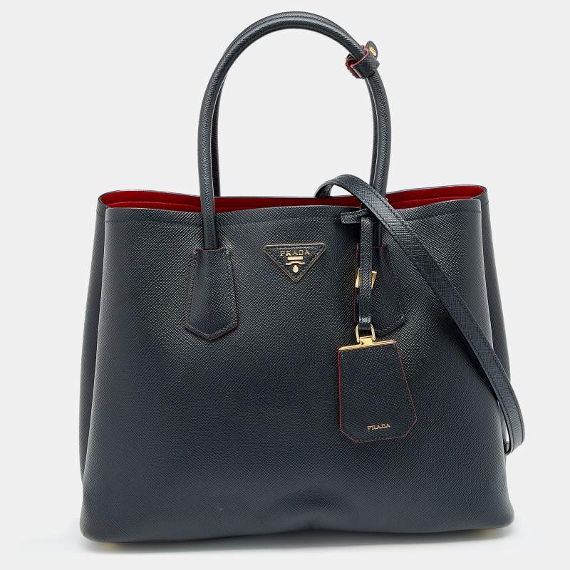 Pre Owned Prada Black Saffiano Leather Medium Double Handle Tote