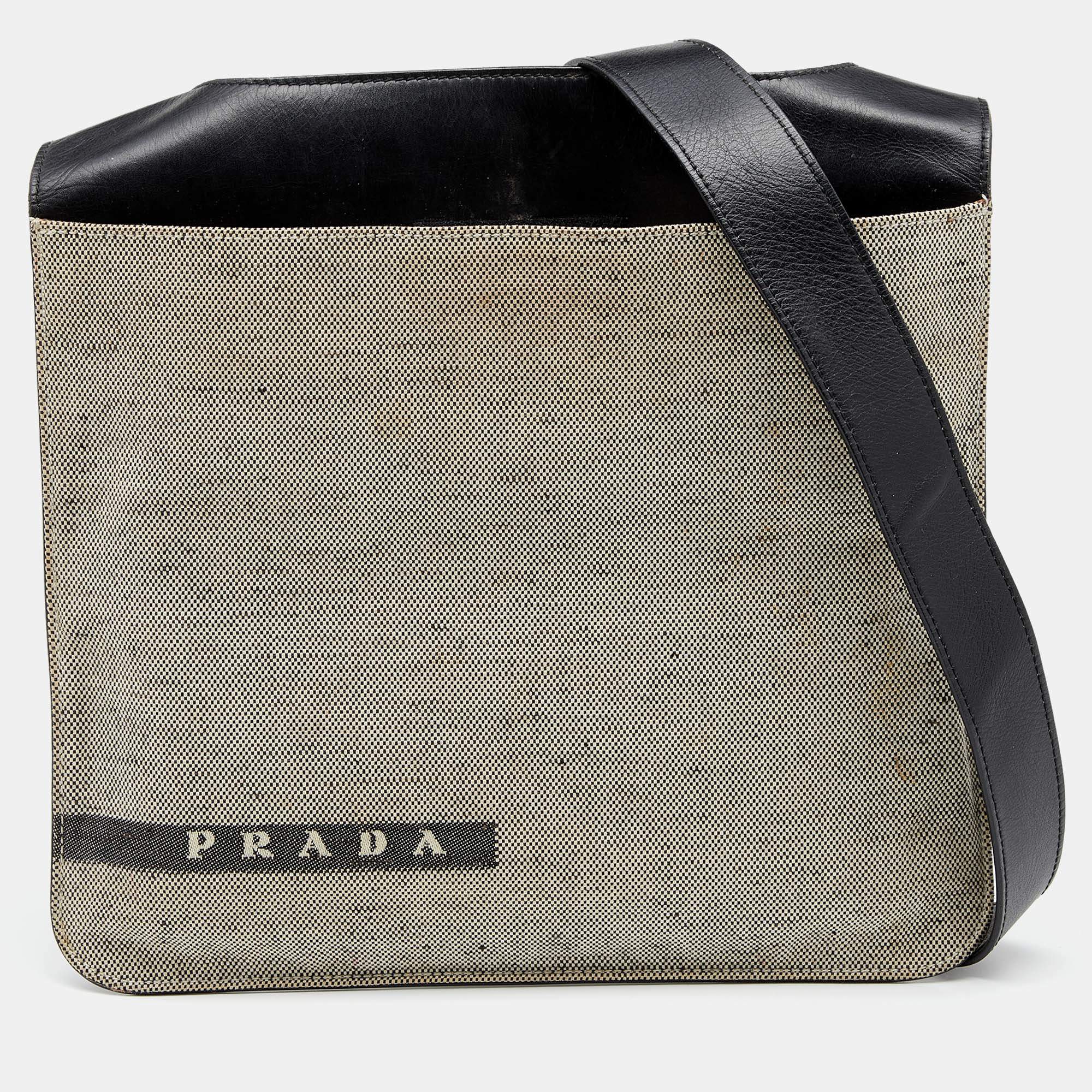 Pre Owned Prada Beige/Black Canvas And Leather Crossbody Bag