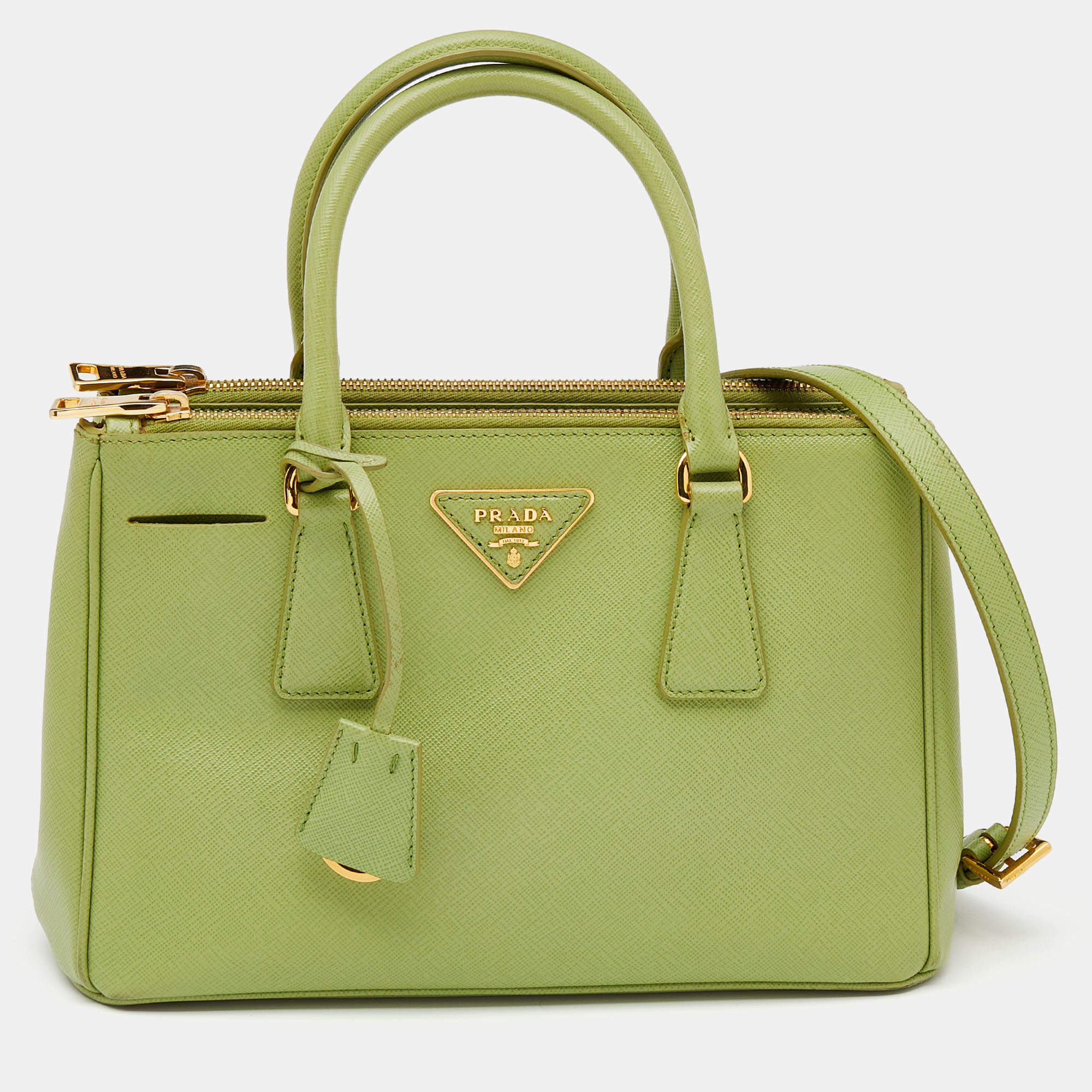 Pre Owned Prada Light Green Saffiano Leather Small Double Zip Tote