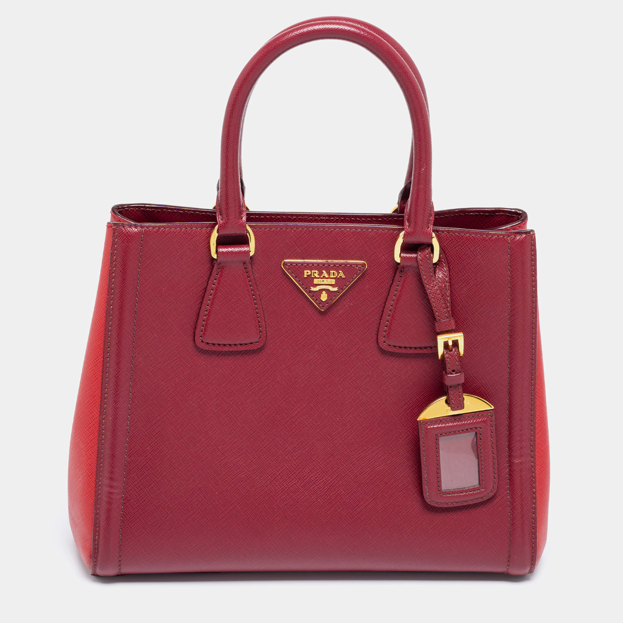 Pre Owned Prada Two Tone Red Saffiano Lux Leather Galleria Snap Tote