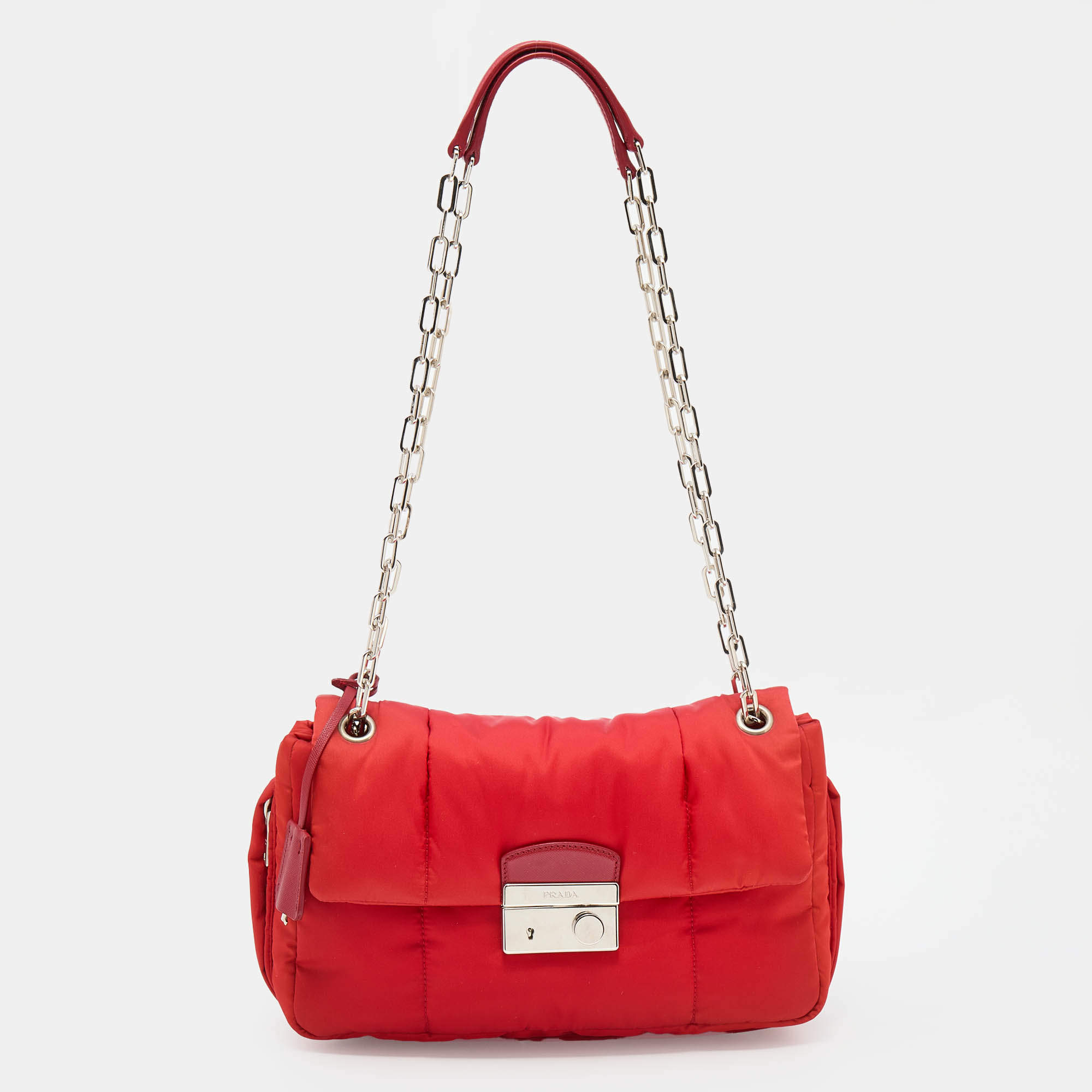 Pre Owned Prada Red Nylon Bomber Chain Shoulder Bag