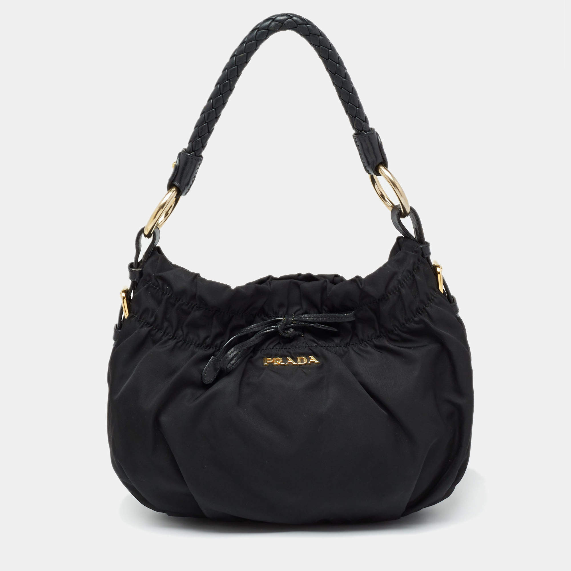 Pre Owned Prada Black Nylon and Leather Small Bow Hobo