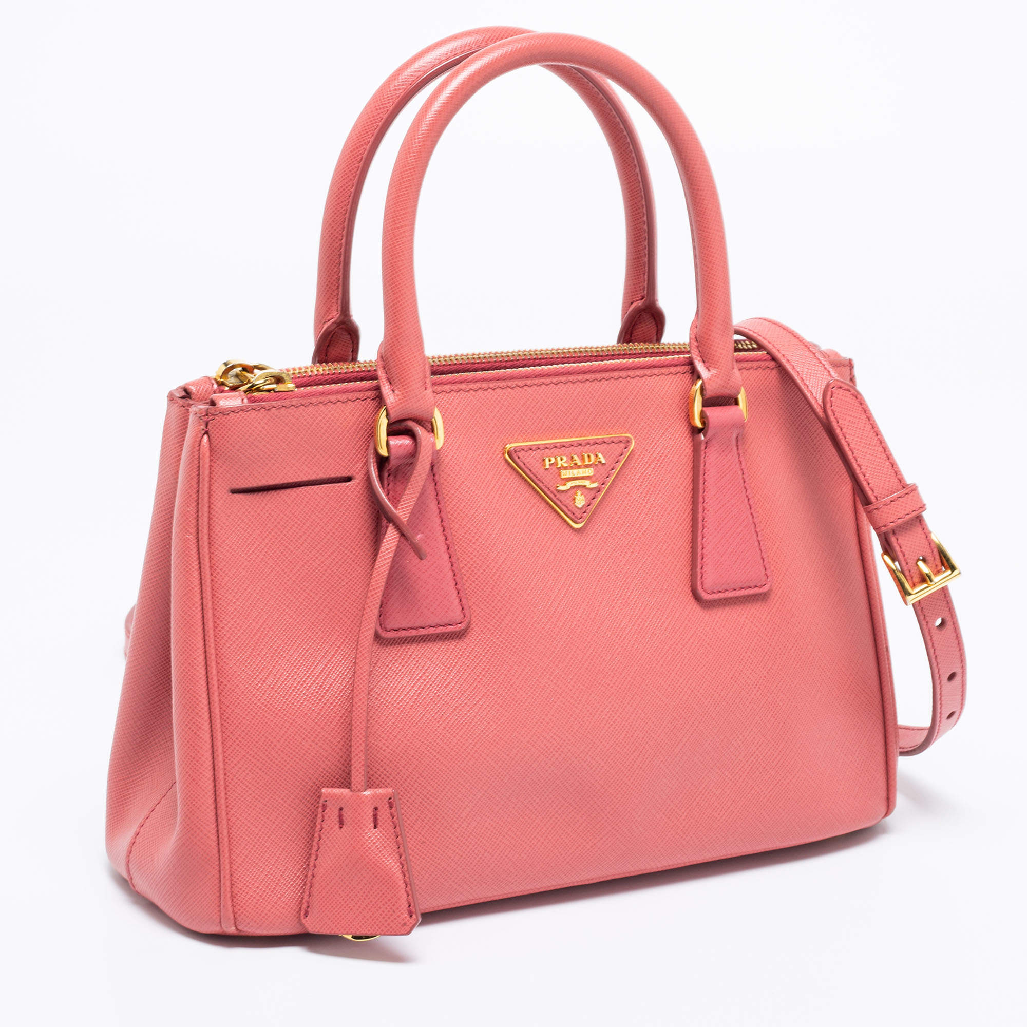 Prada Pink Saffiano Lux Leather Small Double Zip Galleria Tote at