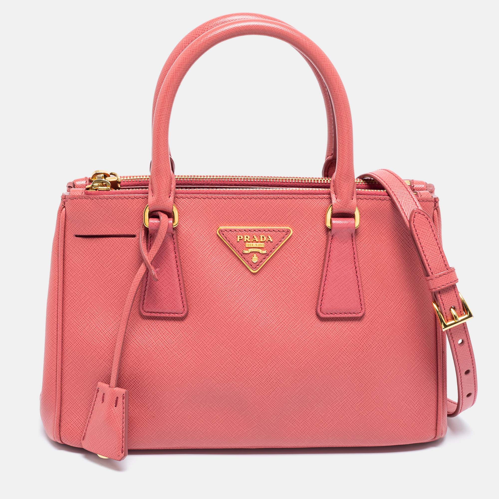 Pre Owned Prada Rose Pink Saffiano Leather Small Double Zip Tote
