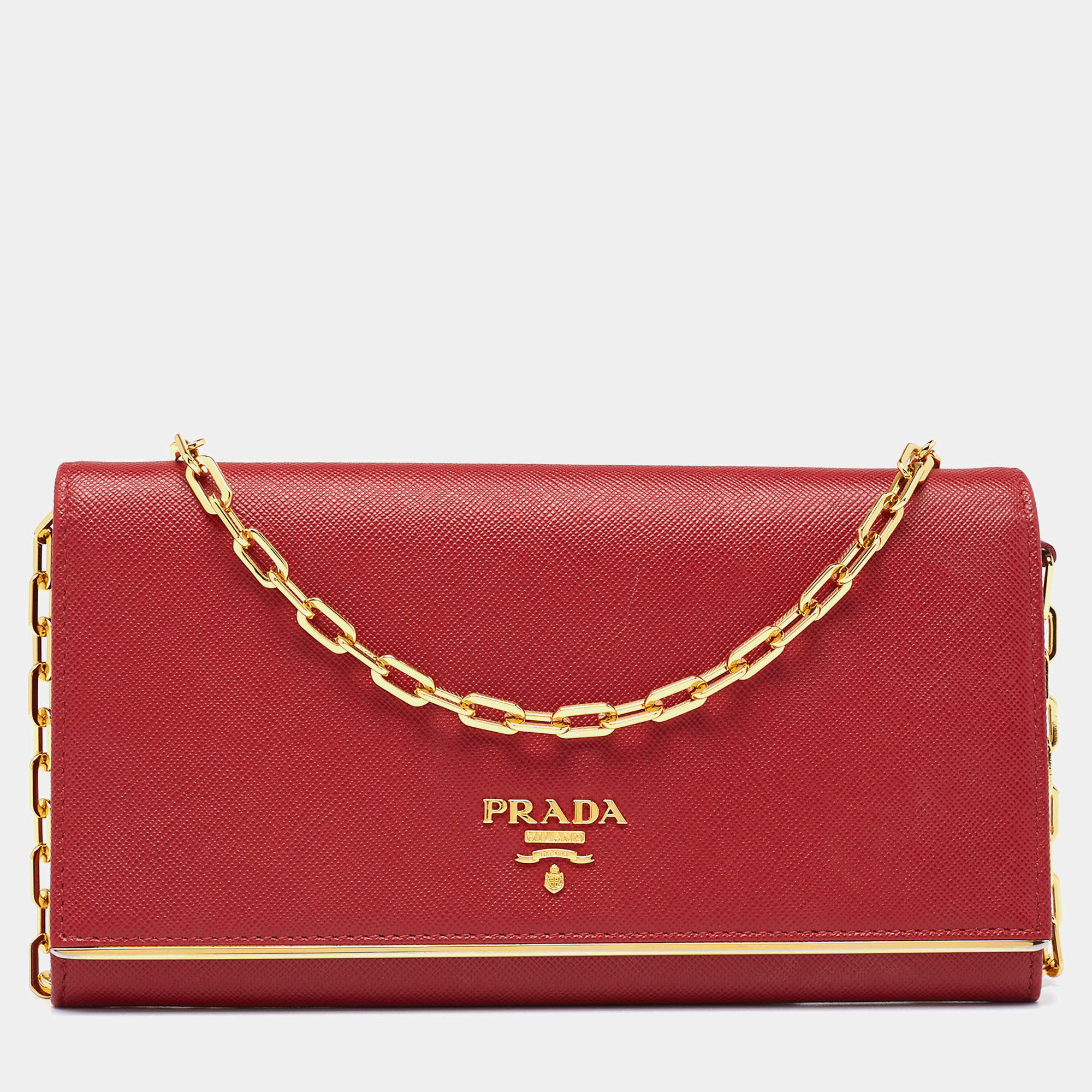مملوكة مسبقًا Prada Red Saffiano Metal Leather Flap Wallet on Chain