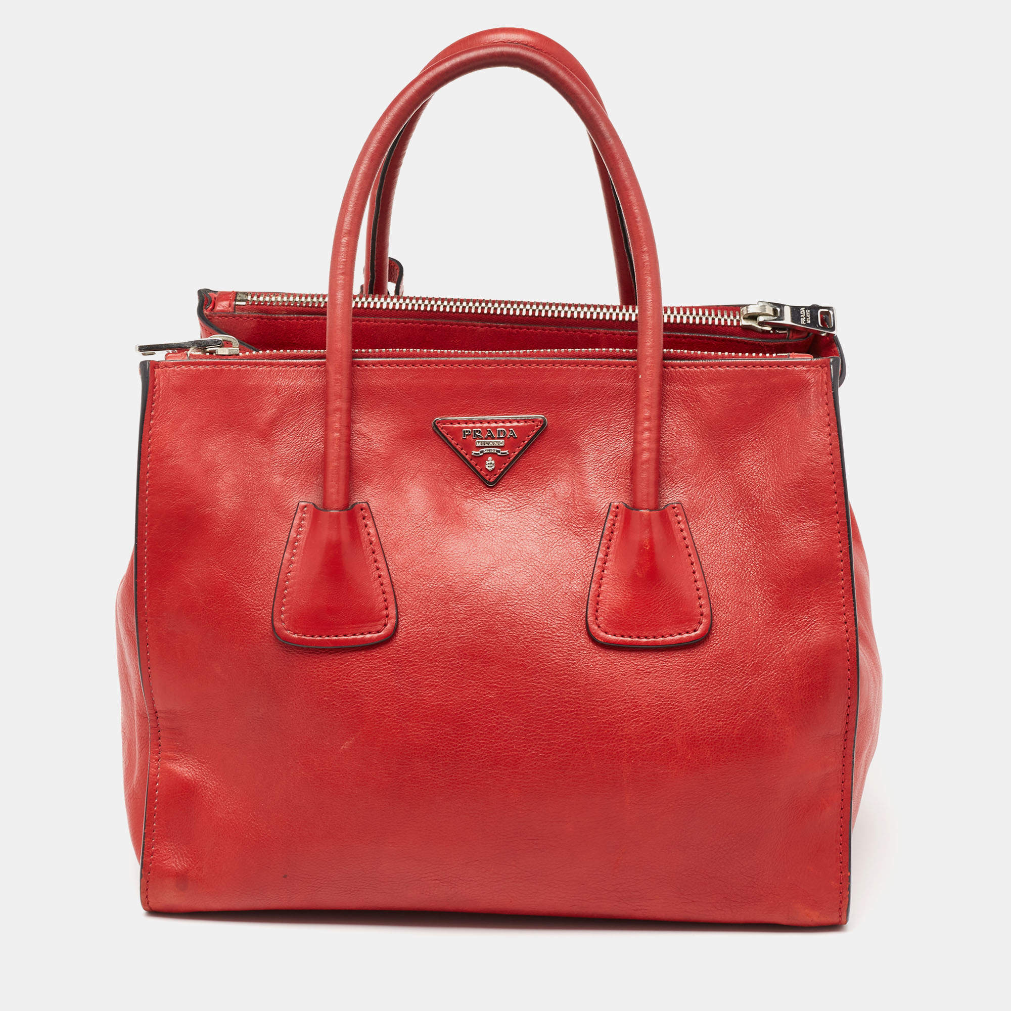 Pre Owned Prada Red Leather Glace Calf Double Zip Tote